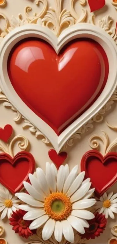 3D heart and floral design wallpaper with daisies, perfect for mobile screens.