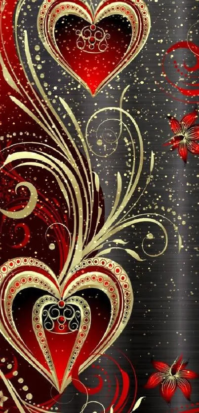 Red and gold heart floral pattern wallpaper with elegant detailing.