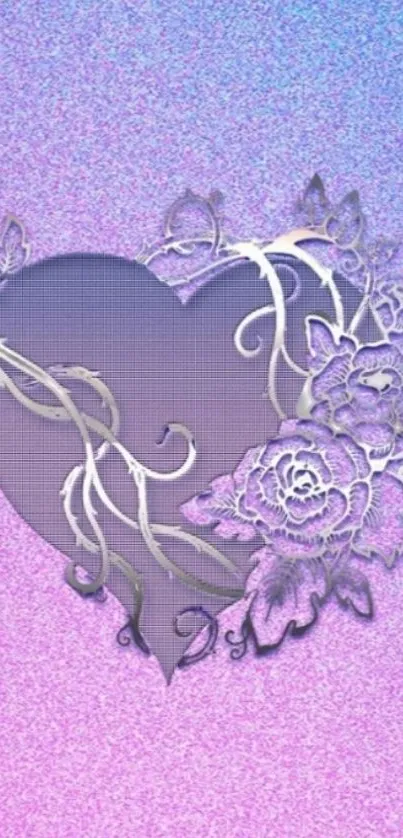 Purple heart with floral design on pink and blue gradient.