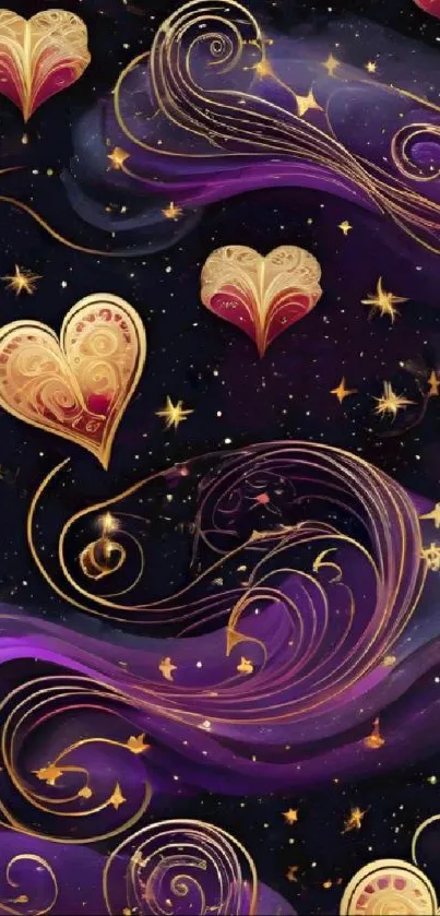 Elegant wallpaper with golden hearts and swirls on a purple galaxy background.