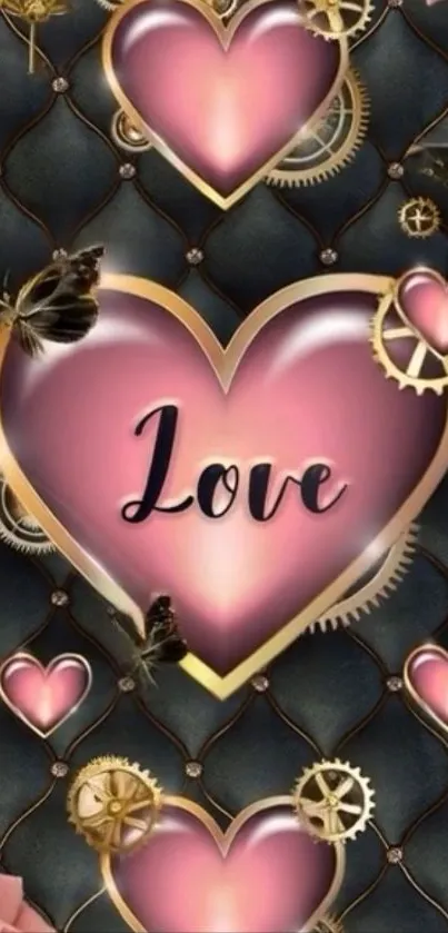 Pink hearts with gold gears on dark background wallpaper