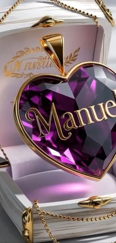 Heart-shaped purple gem pendant in a jewelry box.