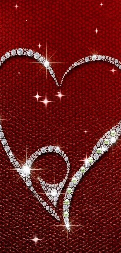 Heart-shaped diamond design on red textured background wallpaper.