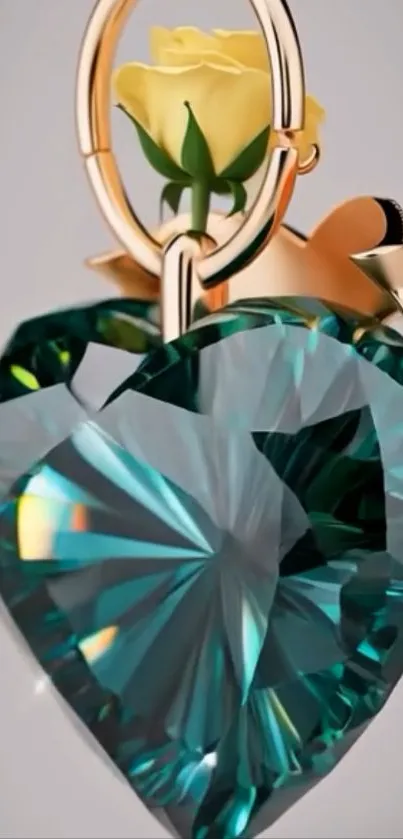 Heart-shaped gemstone pendant with yellow rose.