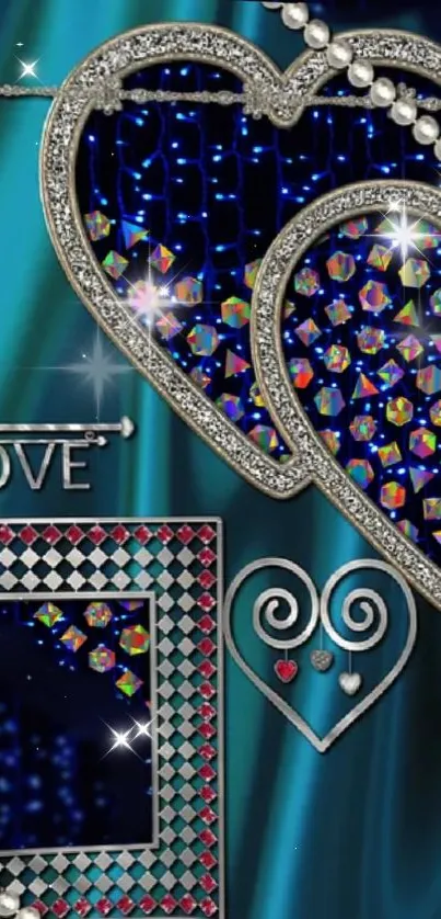 Elegant heart gemstone wallpaper with teal and blue hues.