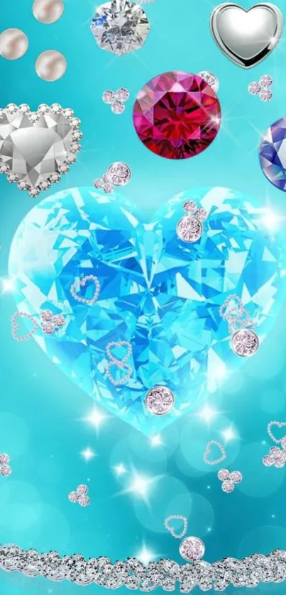 Elegant wallpaper with heart-shaped gemstones on an aqua background.