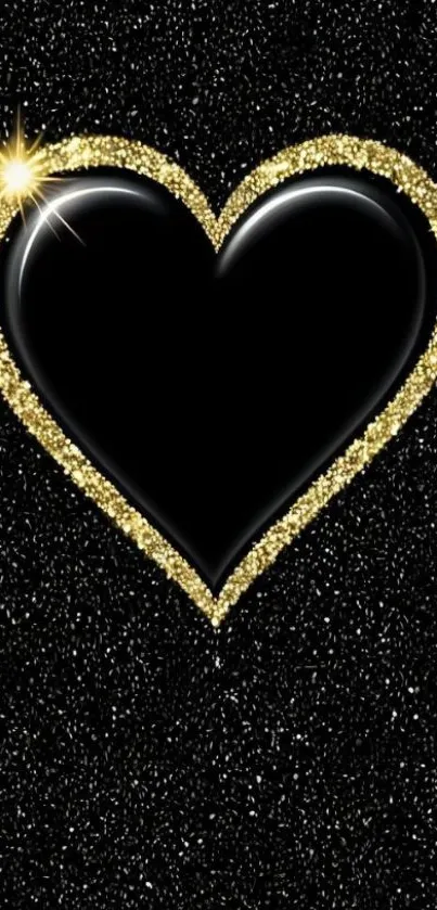 Elegant black heart with gold glitter on a sparkling background.