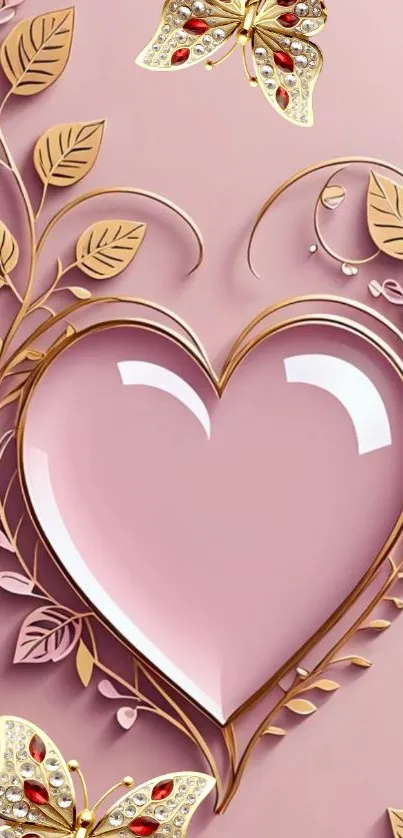 Pink heart wallpaper with gold leaves and butterflies.