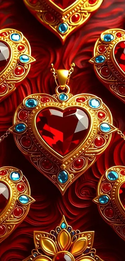 Elegant gold heart pendants with gemstones.