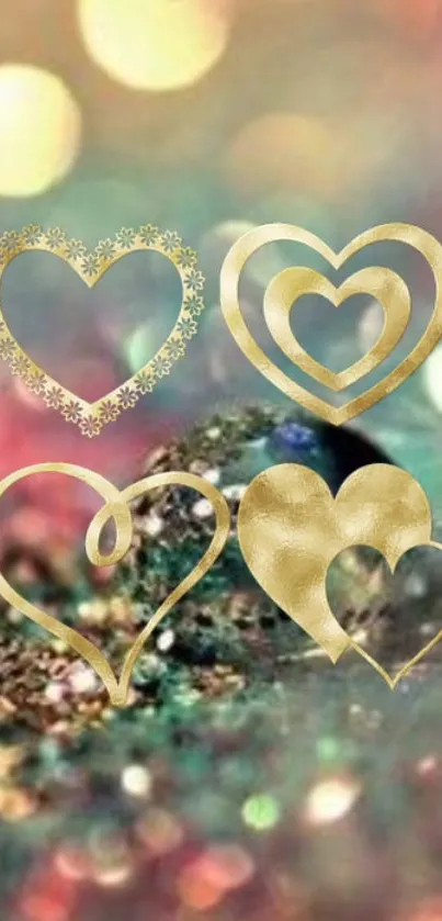 Gold heart shapes on a colorful bokeh background.