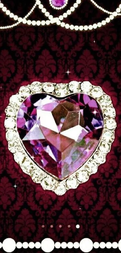 Purple heart jewel on damask wallpaper with pearls.