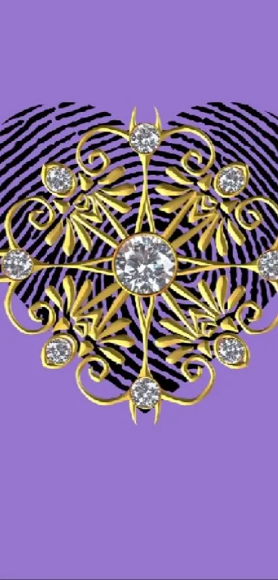 Heart design with gold filigree and jewels on a purple background.