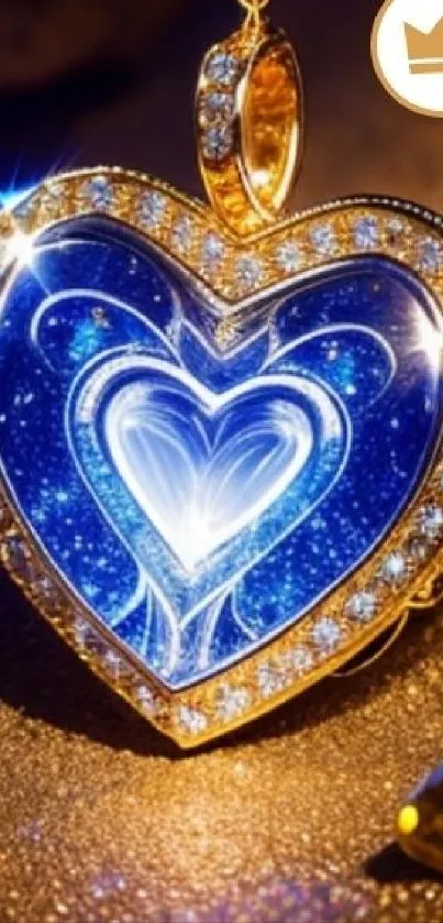 Elegant heart pendant with blue gem and gold accents.