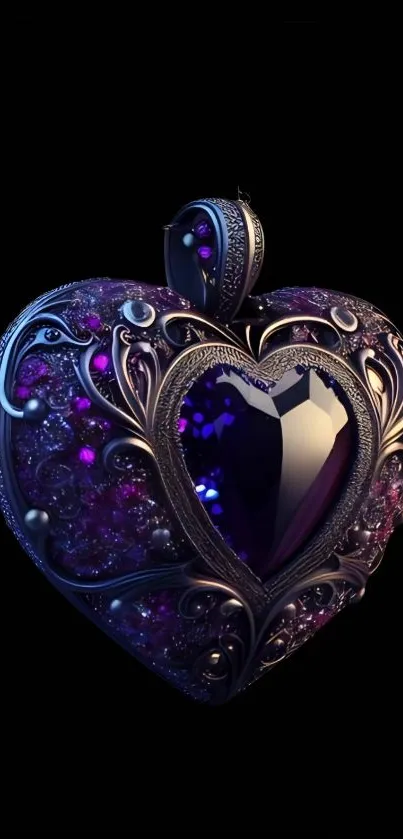 Heart-shaped jewel with gothic design and purple accents on a dark background.