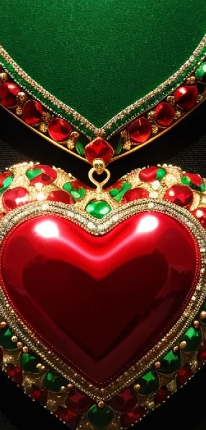 Luxurious heart-shaped jewel wallpaper with red and green accents.