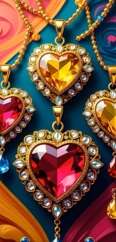 Heart-shaped jeweled pendants in vibrant colors on a decorative background.