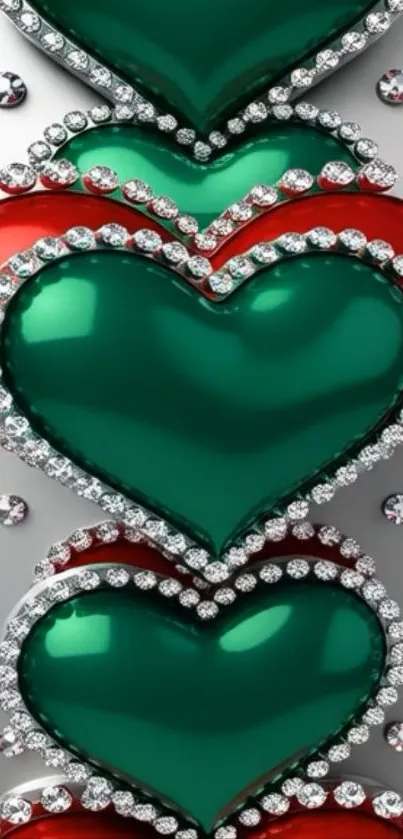 Luxurious red and green heart jewel design wallpaper.