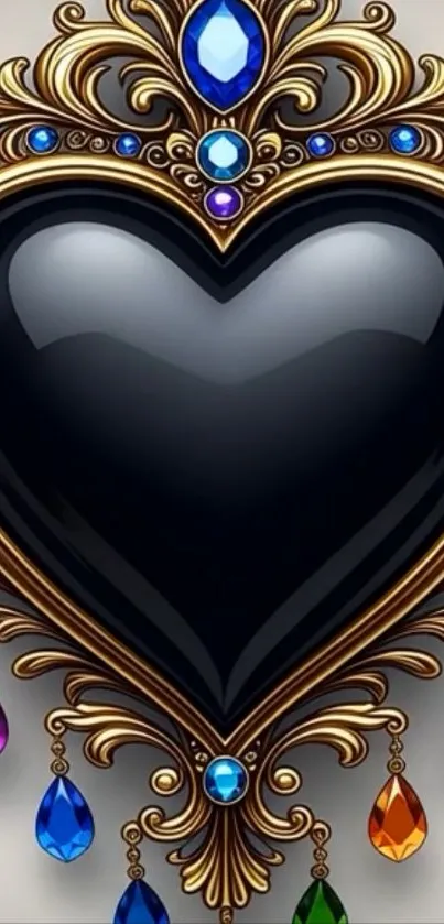 Heart-shaped jewel wallpaper with colorful gems and gold.