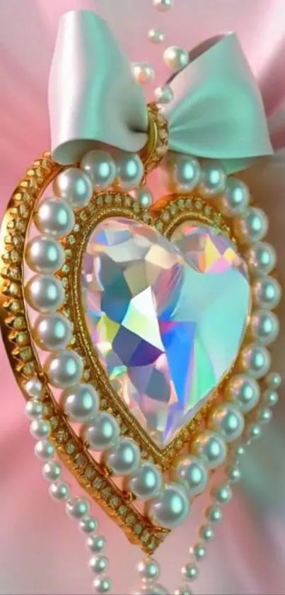 Heart-shaped jewel with pearls on a pink background.