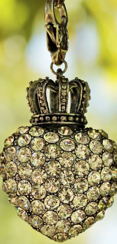 Heart-shaped jewel with crown, hanging from a tree branch with a blurred green background.