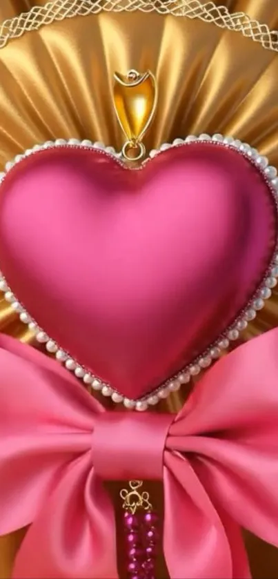 Luxurious pink heart with pearls on a golden backdrop wallpaper.
