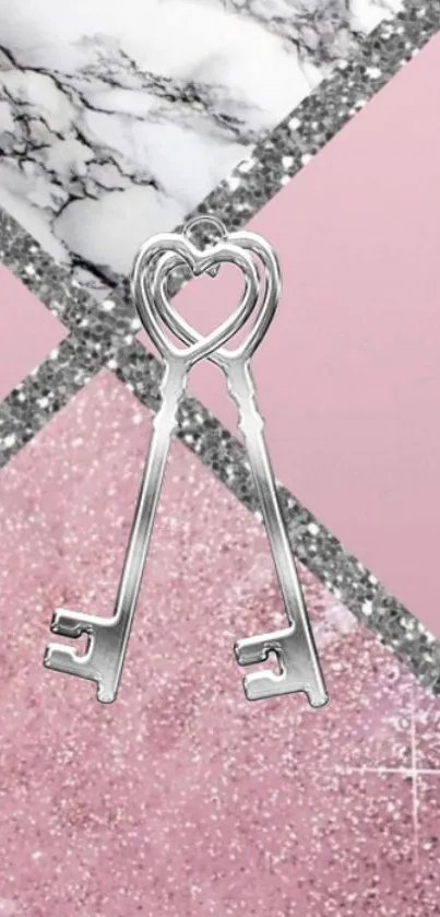 Silver heart keys on pink marble and glitter background wallpaper.