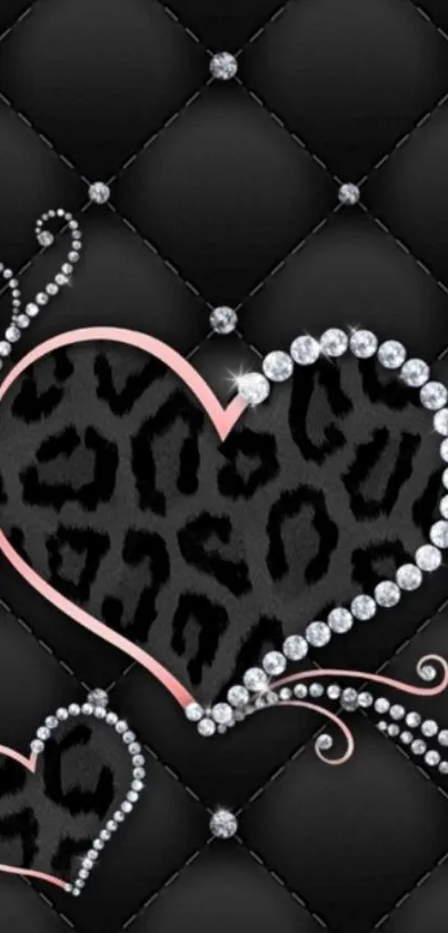 Heart wallpaper with leopard print and sparkling gems on black leather.