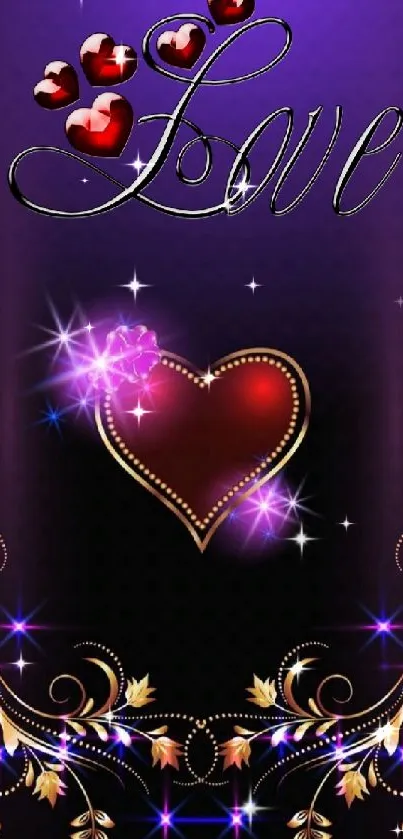 Elegant heart love mobile wallpaper in purple and gold tones.