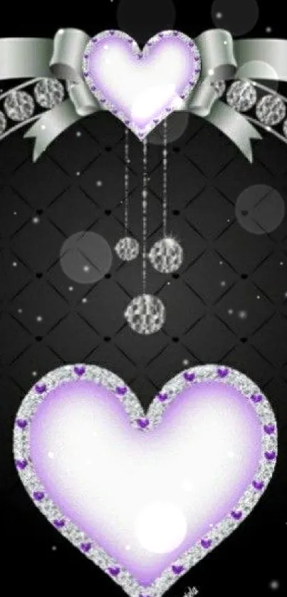 Elegant heart wallpaper with diamonds and lilac hues on a black background.