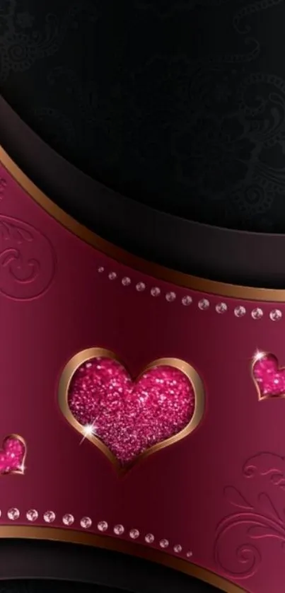 Elegant pink and black heart-themed mobile wallpaper with golden accents.