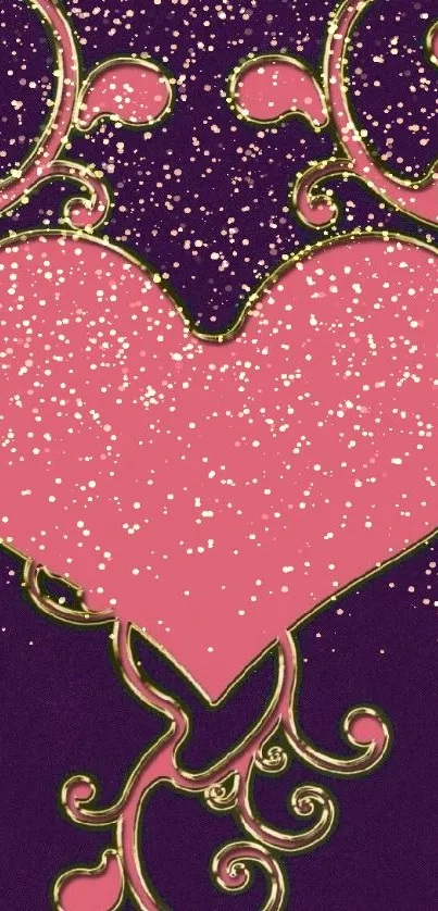 Pink heart with golden swirls on dark purple background wallpaper.