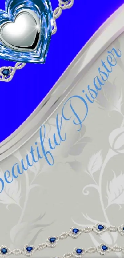 Elegant blue and silver heart-themed mobile wallpaper with 'Beautiful Disaster' text.