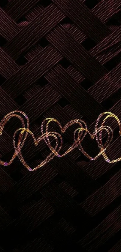 Dark woven texture with intertwined hearts design.