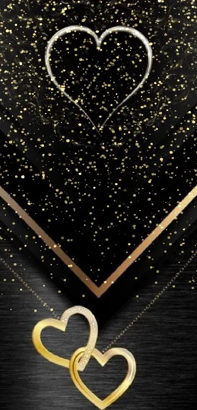 Elegant wallpaper with golden hearts on black background.