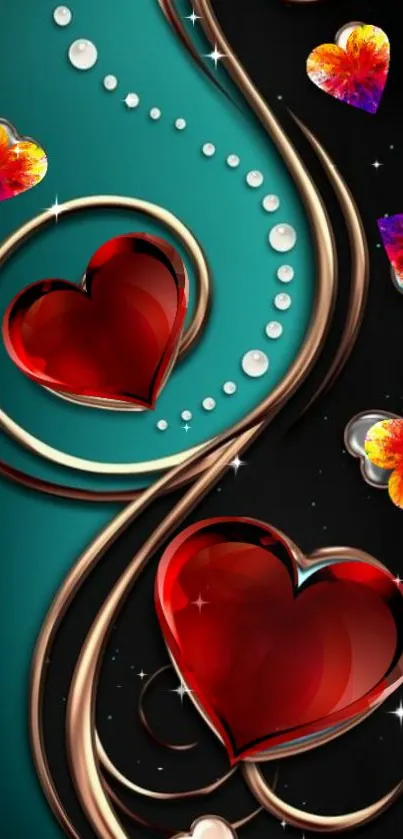 Elegant wallpaper with red hearts and teal background, artistic swirls.