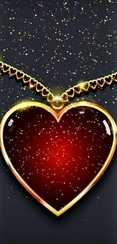 Glowing red heart necklace wallpaper on black background.