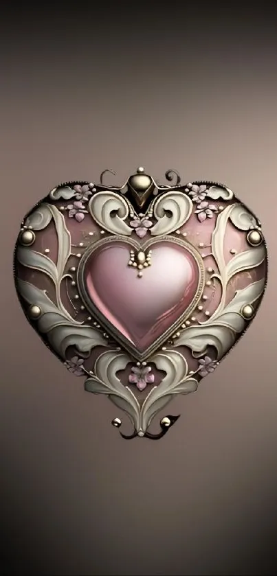 Elegant vintage heart ornament with floral design on gradient background.