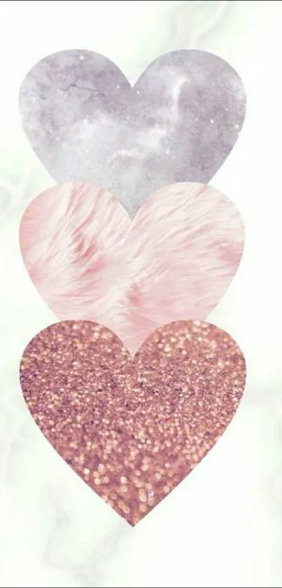 Elegant wallpaper with three pastel textured hearts.