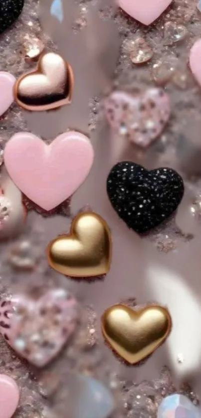 Wallpaper with black, pink, and gold hearts on a shimmering background.