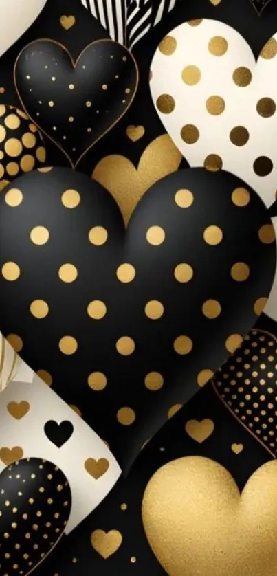 Heart pattern wallpaper with gold and black colors.
