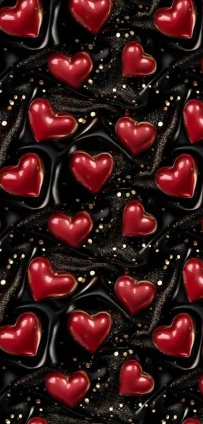 Red hearts pattern on black wallpaper.