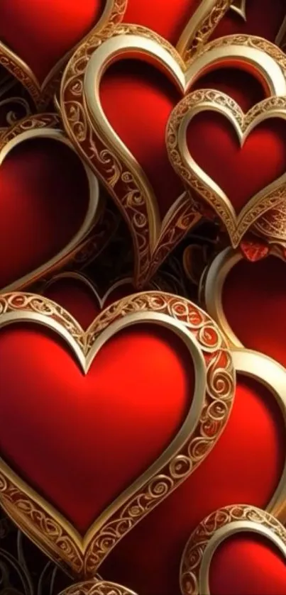 Ornate red and gold hearts wallpaper design.