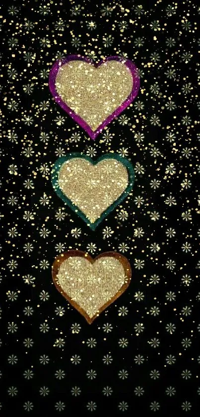 Elegant gold heart pattern on black wallpaper.