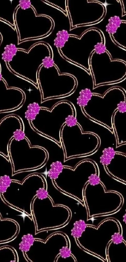 Elegant heart pattern wallpaper with gold and purple on black background.