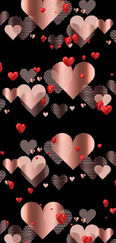 Mobile wallpaper with rose gold hearts on black background.