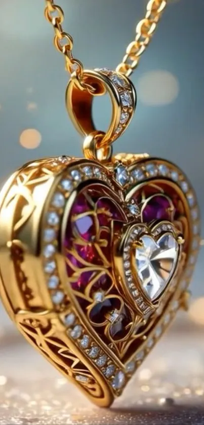 Gold heart pendant with diamonds on chain.