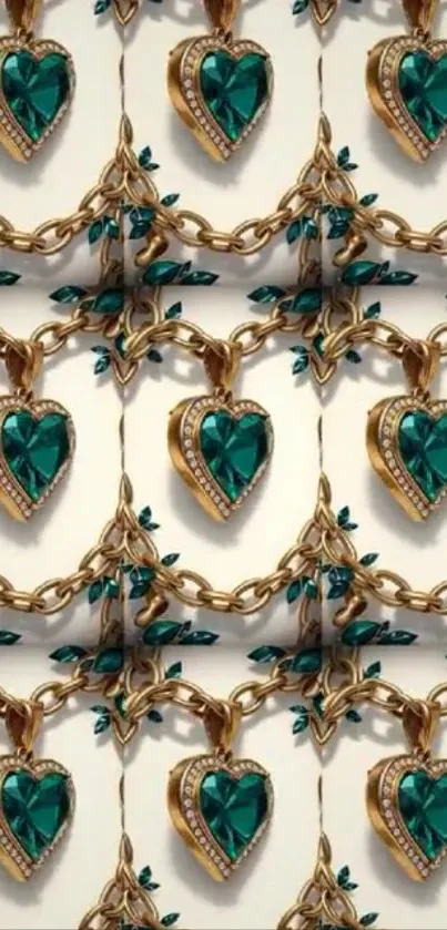 Heart pendants pattern with gold chains and green gemstones.