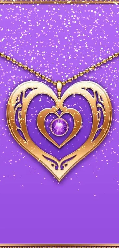 Elegant gold heart pendant on purple background with gemstone.