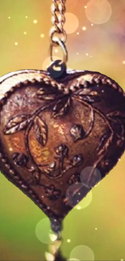 Elegant antique heart pendant on a bokeh background.