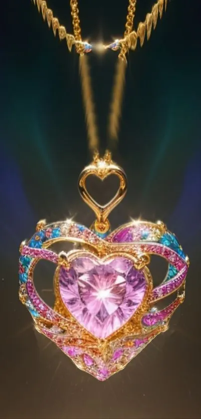 A gold heart pendant with gemstones, glowing elegantly.